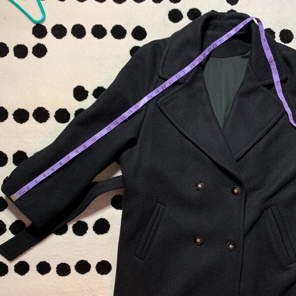 Vintage 90s Double Breasted Belted Long Maxi Overcoat Black Wool Trench Coat - Picture 13 of 16